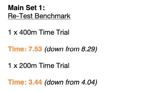 Lina's week 10 benchmark: 400m time trial, 7:53