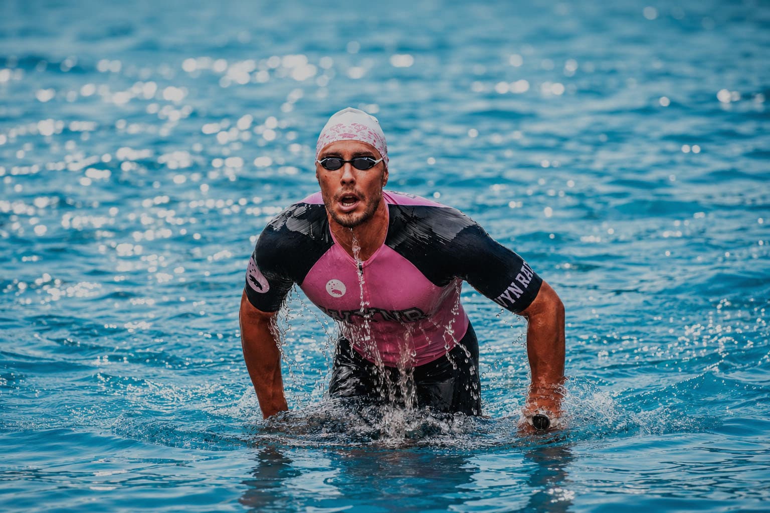 Triathlete emerging from open water during a race swim
